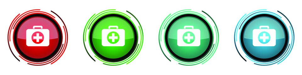 First aid round glossy vector icons, set of buttons for webdesign, internet and mobile phone applications in four colors options isolated on white background