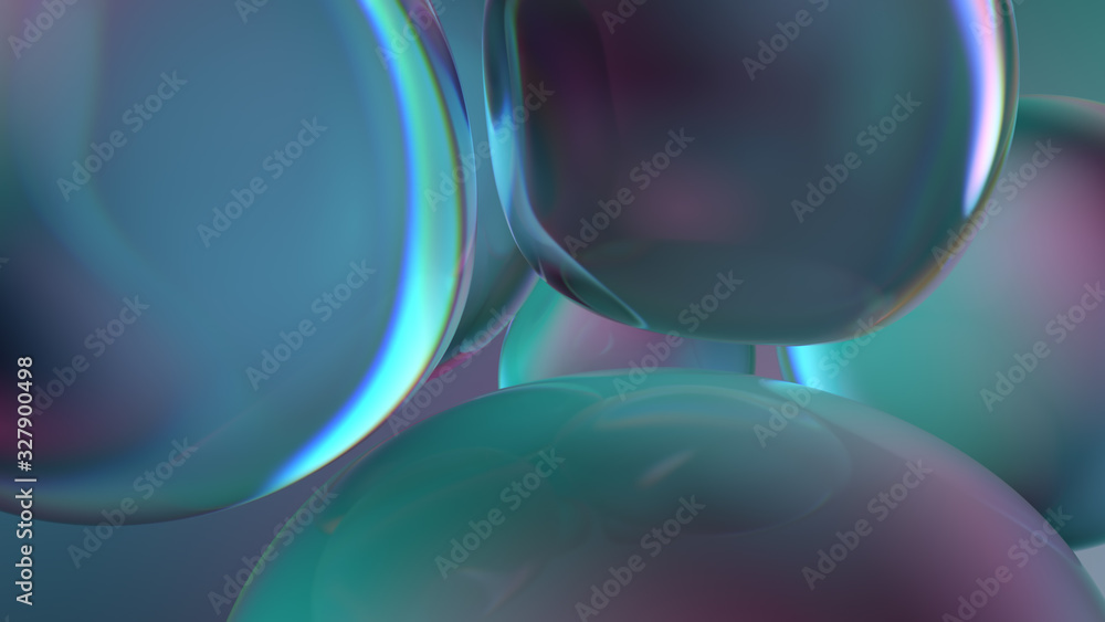 Poster beautiful 3d render of bubbles with abstract reflections. flow modern colors. smooth round shapes...