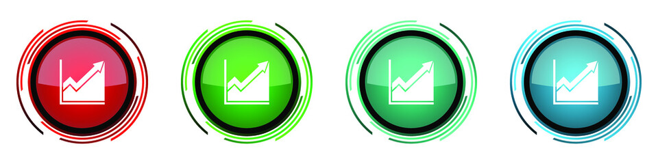 Histogram round glossy vector icons, set of buttons for webdesign, internet and mobile phone applications in four colors options isolated on white background