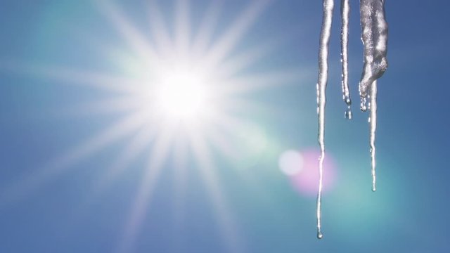 Bright rays of sunlight thaw icicles into dripping water in the warm spring sun in this cinematic shot with lens flare and a clear blue sky.