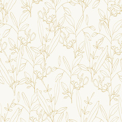 Fototapeta na wymiar Botanical vector illustration of painted small floral template and outline drawing elements. Rustic vintage golden leaves and hand sketched flowers seamless pattern on white pastel background.