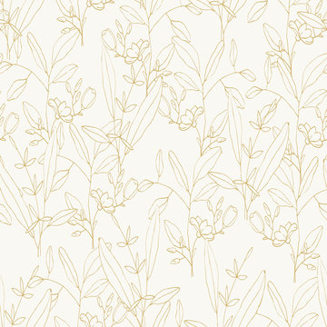 Botanical vector illustration of painted small floral template and outline drawing elements. Rustic vintage golden leaves and hand sketched flowers seamless pattern on white pastel background.