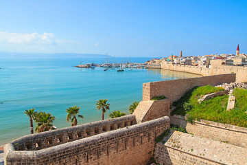 Old Akko Walls. Panoramic view of Mediterranean sea, old city, harbour, port, mountains on the...