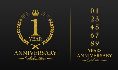 1 year golden glitter anniversary celebration badge, additional elements added for compilation any dates or years. Vector illustration.