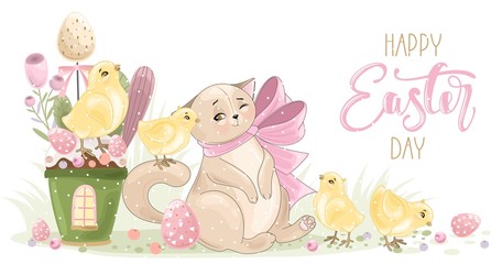 Cute Easter Cat  with a hand-drawn phrase 