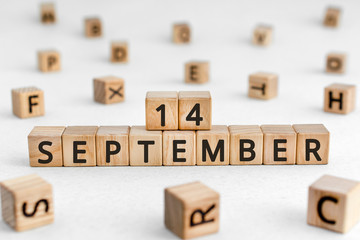 September 14 - from wooden blocks with letters, important date concept, white background random letters around