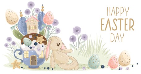 Happy Easter card with handwritten phrase. Easter elements, flowers, branches, eggs. For textiles, postcards and Wallpaper. Printing on fabric, paper, cards, invitations.