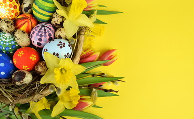 Happy Easter - painted eggs on colored background