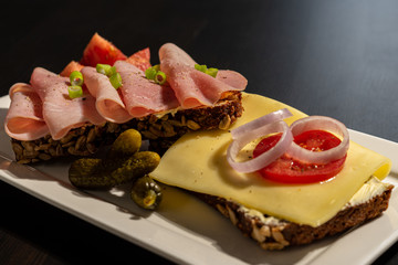 whole wheat bread with ham, cheese and mixed pickles