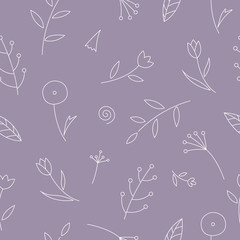 Fototapeta premium Seamless pattern with outline leaves and flowers on purple background. Abstract vector backdrop for textile, posters, flyers, wallpapers etc.