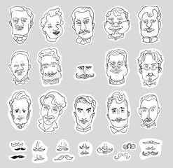 Set of linear caricature portraits of men and drawings of mustaches isolated on a white background.