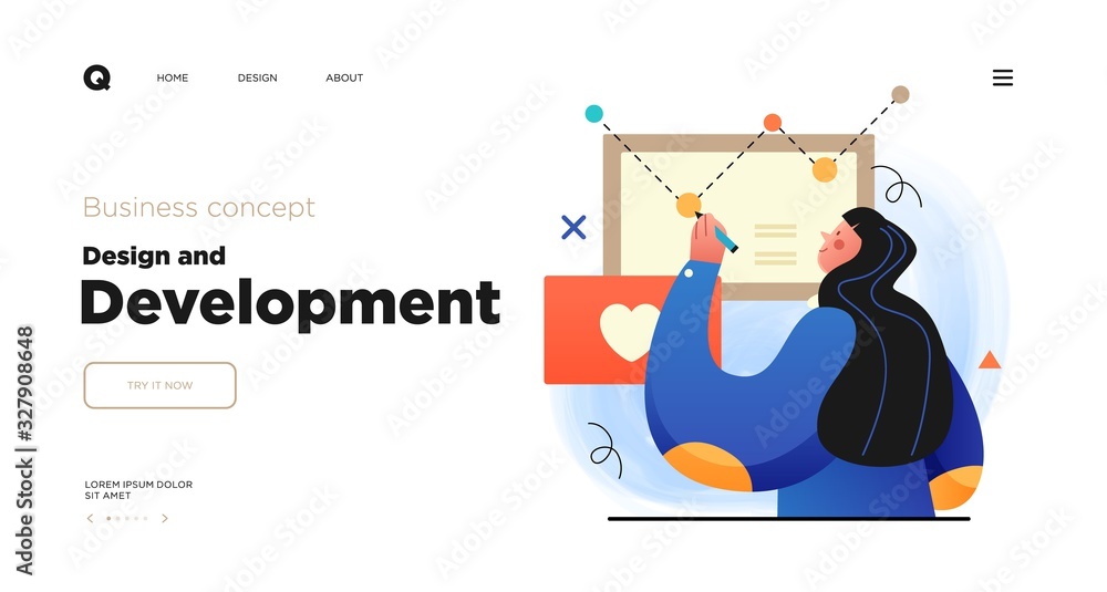 Poster design and development. landing page template with programmer or designer working in a company offic