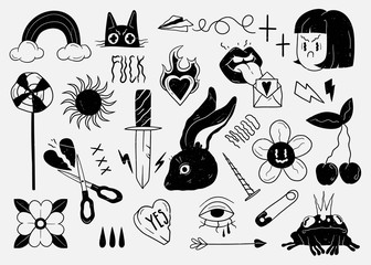 Old school tattoo elements. Cartoon tattoos in funny style. Vector illustration.