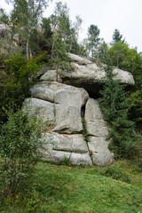 Stone rocks Ternoshorska Lada amidst beautiful scenic Carpathian mountains, Ukraine