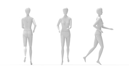 3D rendering of a simple computer generated model woman taking a step isolated
