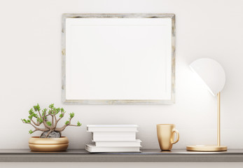 The template of an empty frame on the wall above the shelf. Lamp, bonsai and books on the shelf. The white wall in the background. 3D rendering.