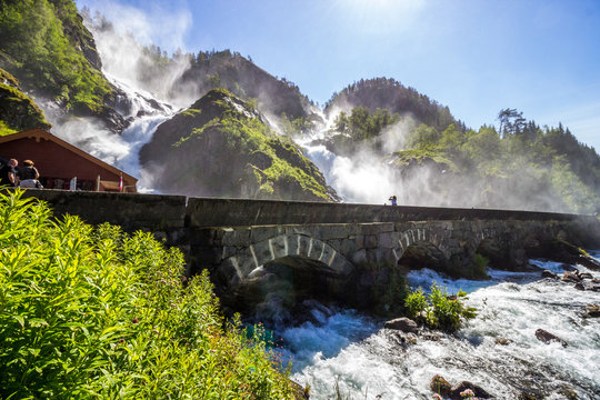 sunny day at the Latefossen waterfall in Norway