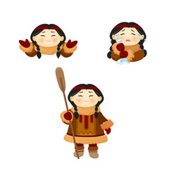 vector eskimo Chukchi funny girl in warm winter fluffy clothes with a paddle from a boat, in a fur coat with a hood, closes her eyes with her hands, laughs, cries isolated on white emoji, emoticon eps