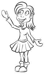 Vector cartoon girl. Coloring girl smiling. Cartoon happy girl showing something