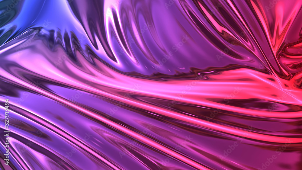Poster 3d render beautiful folds of foil with gradient iridescent blue red color in full screen, as clean f