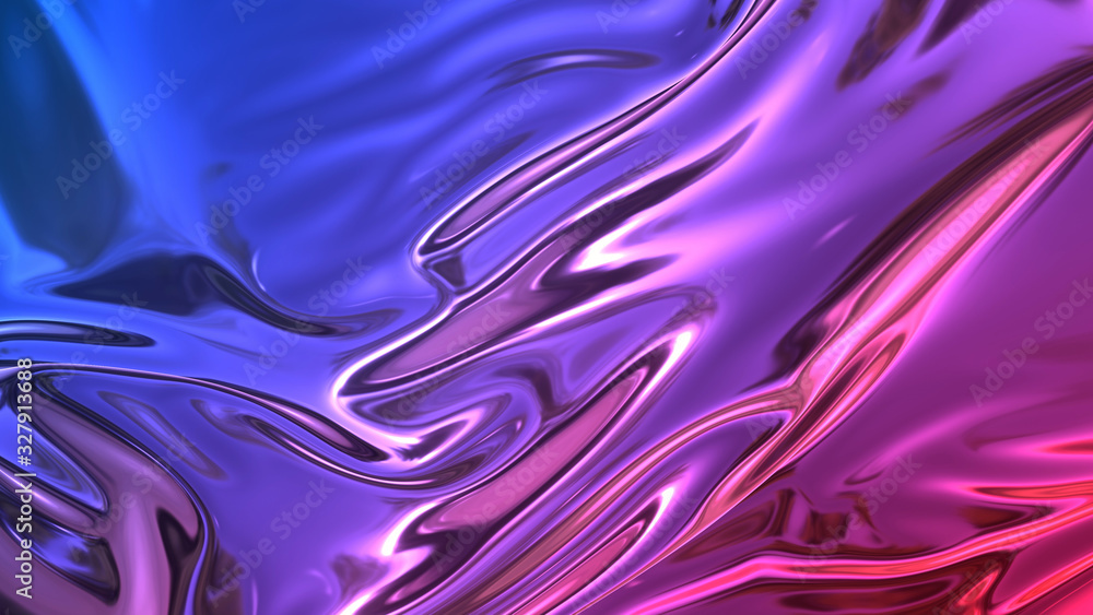 Poster 3D render beautiful folds of foil with gradient iridescent blue red color in full screen, as clean fabric abstract background. Simple soft material with crease like waves on liquid surface. 102