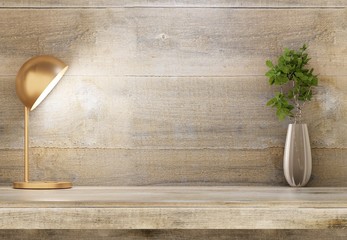 A lamp and a branch in a vase on a wooden shelf. The wooden wall in the background. Empty space for inscriptions. 3D rendering.