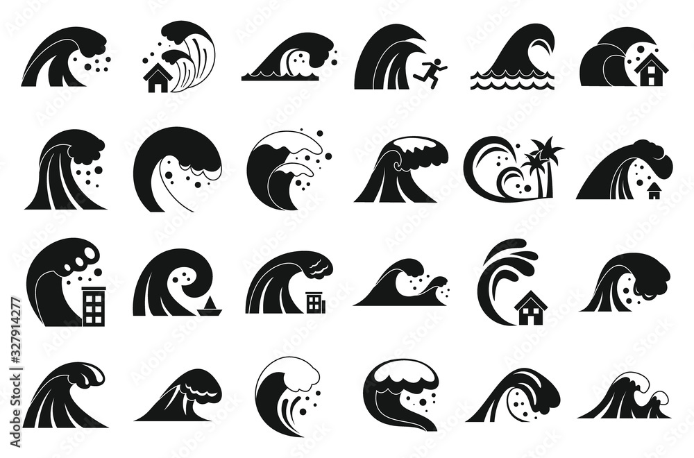Poster tsunami icons set. simple set of tsunami vector icons for web design on white background