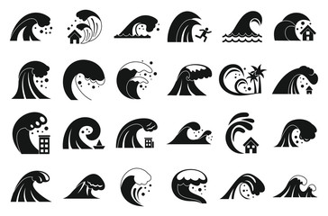 Tsunami icons set. Simple set of tsunami vector icons for web design on white background