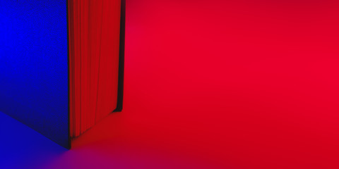 Open book in vibrant blue and red colors. Vivid neon gradients, abstract background image of a book
