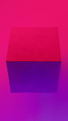 Geometric cube figure in vibrant neon colors. Faded purple and pink gradients, geometric shape, abstract concept