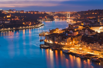Night View of Douro River Between Porto and Vila Nova de Gaia Cities in Portugal