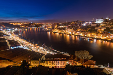 Night View of Douro River Between Porto and Vila Nova de Gaia Cities in Portugal