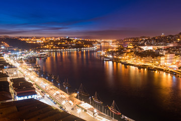 Night View of Douro River Between Porto and Vila Nova de Gaia Cities in Portugal