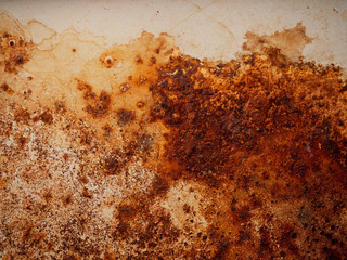 Brown and yellow rust and dirt on white enamel. Rusted brown and white abstract texture. Corroded white metal background. Rusty metal surface with streaks of rust. Rusty corrosion.