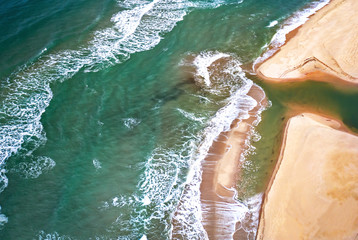 Aerial sand beach and waves view. Golden sands!