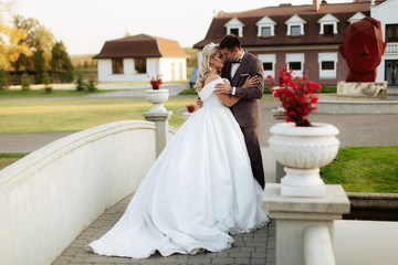 The bride and groom walk together in the park. Charming bride in a white dress, the groom is dressed in a dark elegant suit