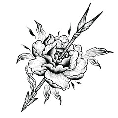 Flower with an arrow. Tattoo design. Vector illustration isolated on white