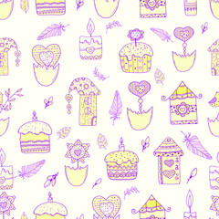 Cute seamless pattern of cakes, houses, bunnies, twigs. Drawing in a vector by hand. Suitable for Easter cards, posters, things, clothes