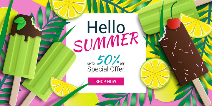 Hello summer special offer template. Yellow, pink and green. Vector stock illustration with ice cream, tropical leaves, lemons, cherry. Summer illustration for banner design, poster and voucher.