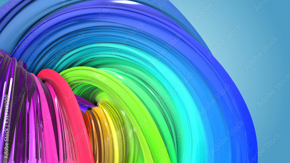 Poster abstract rainbow color ribbon twisted into a circular structure on a blue background. beautiful mult