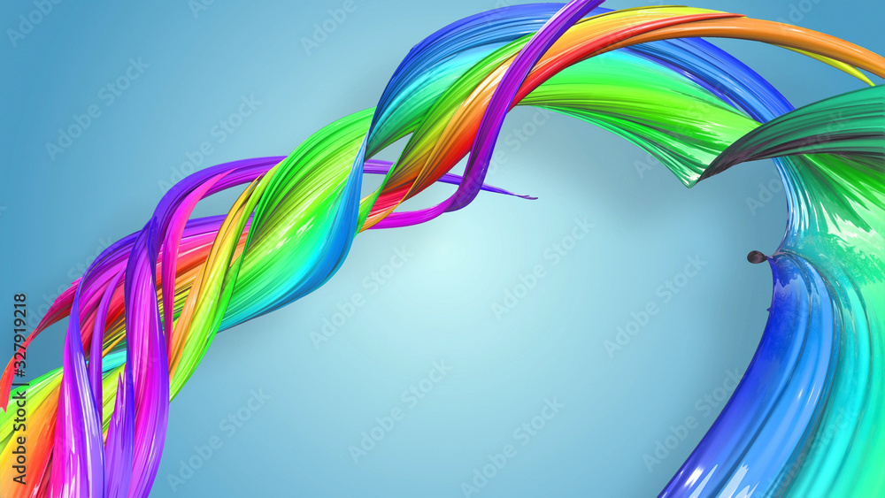 Poster abstract rainbow color ribbon twisted into a circular structure on a blue background. beautiful mult