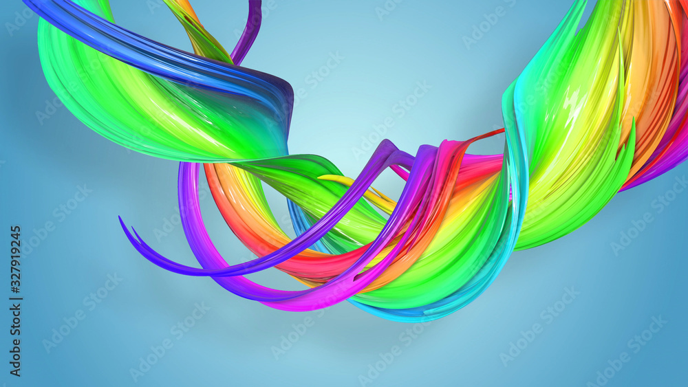 Poster abstract rainbow color ribbon twisted into a circular structure on a blue background. beautiful mult