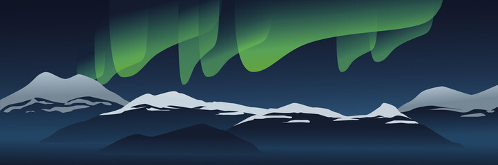 Beautiful north light and mountains peak covered with snow, landscape banner. Modern hand drawn vector in flat style. Traveling and exploring breathtaking arctic mountains, looking at polar light