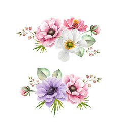 set of bouquets with delicate flowers anemones, pink and lilac watercolor illustration. bouquet for wedding invitations