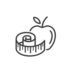 Apple with measuring tape line and glyph icon, fitness and sport, diet sign vector graphics, a linear pattern on a white background.