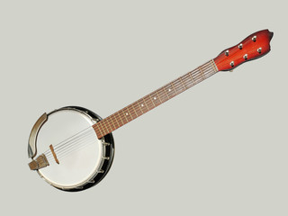 6 string banjo on a gray background - obrazy, fototapety, plakaty