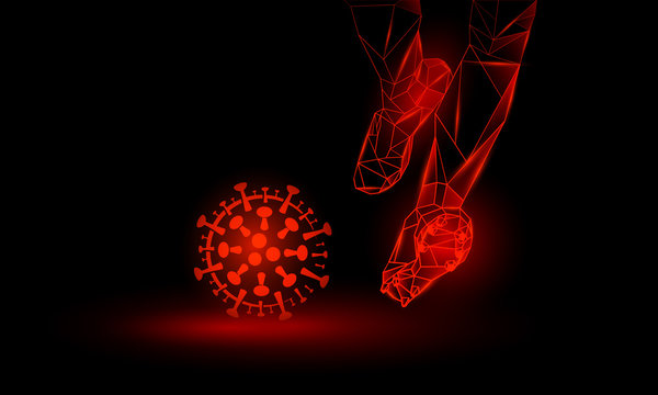 Soccer against coronavirus. Polygonal Football Kickoff illustration. Legs and virus cell.