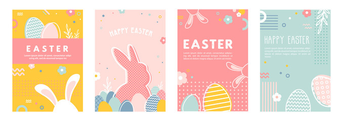Happy Easter. Greeting cards or posters with bunny, spring flowers and Easter egg. Egg hunt poster template. Spring background. vector illustration - 327922231