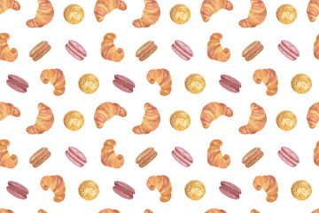 Repeat pattern of traditional French breakfast bun made of puff paste and colored macaroons
