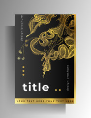 Cover design for book, magazine, catalog brochure. Hand-drawn graphic elements black with gold. A4 format. Vector 10 EPS.